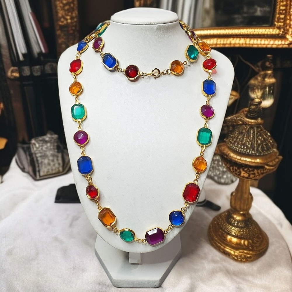 Vintage Long Mogul Jewel Tone Chicklet Necklace